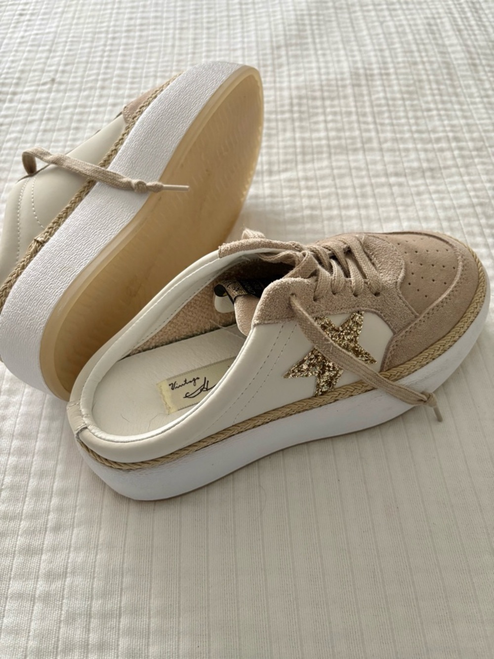 Vintage Havana Val Ream Taupe & Gold Glitter Star Rafia Platform Sneakers mules - Picture 2 of 7